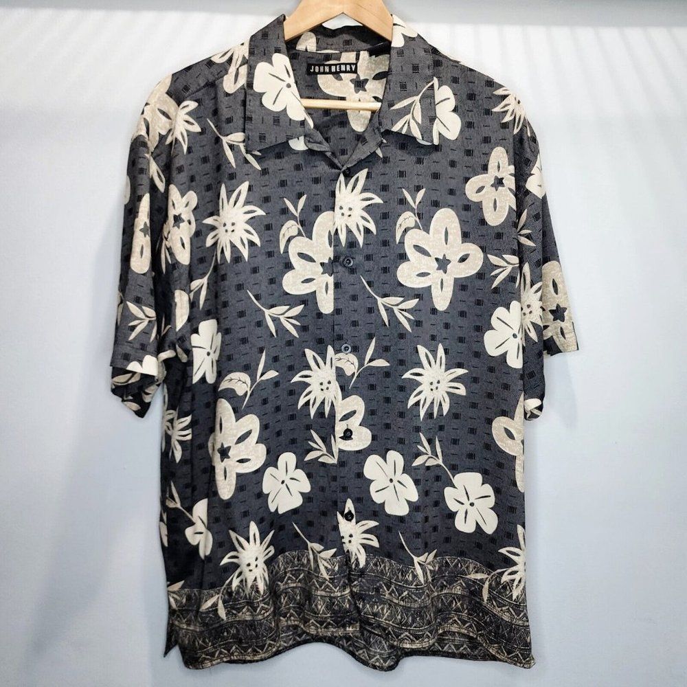 John‎ Henry Button-Up Casual Hawaiian Shirt Grey White Havana Style Soft Size XL